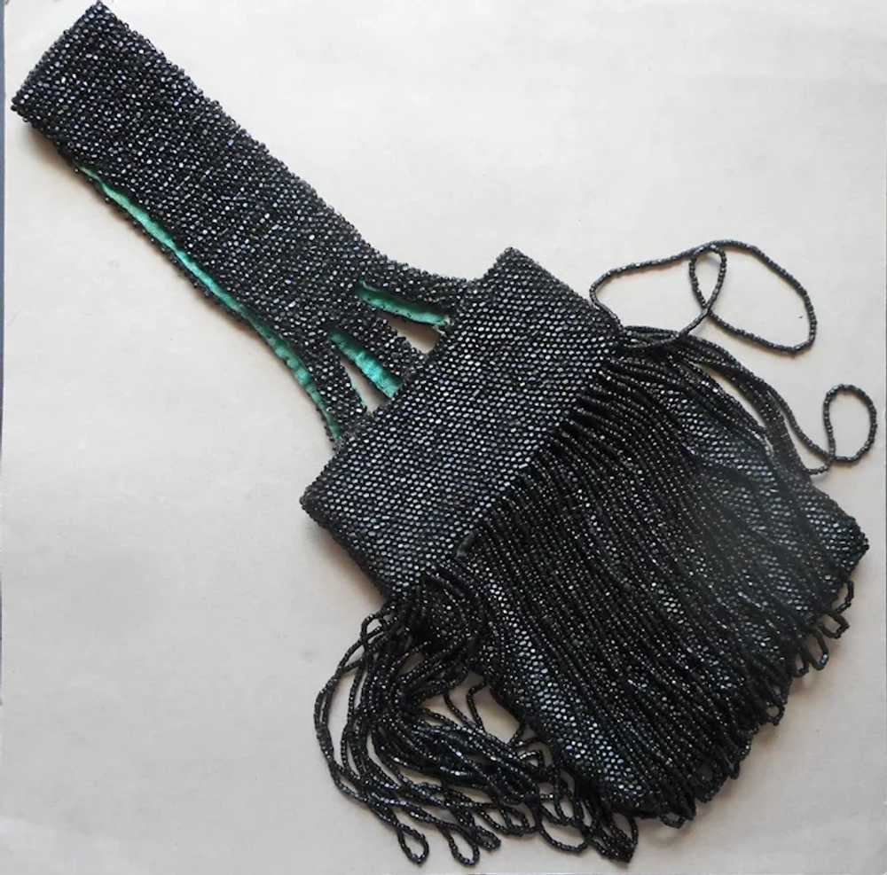 ca 1920 All Black Glass Beads Fringed Purse Antiq… - image 2