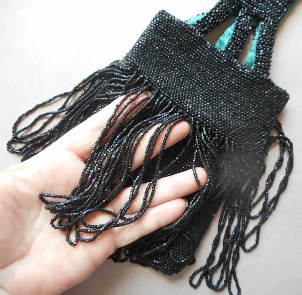 ca 1920 All Black Glass Beads Fringed Purse Antiq… - image 6