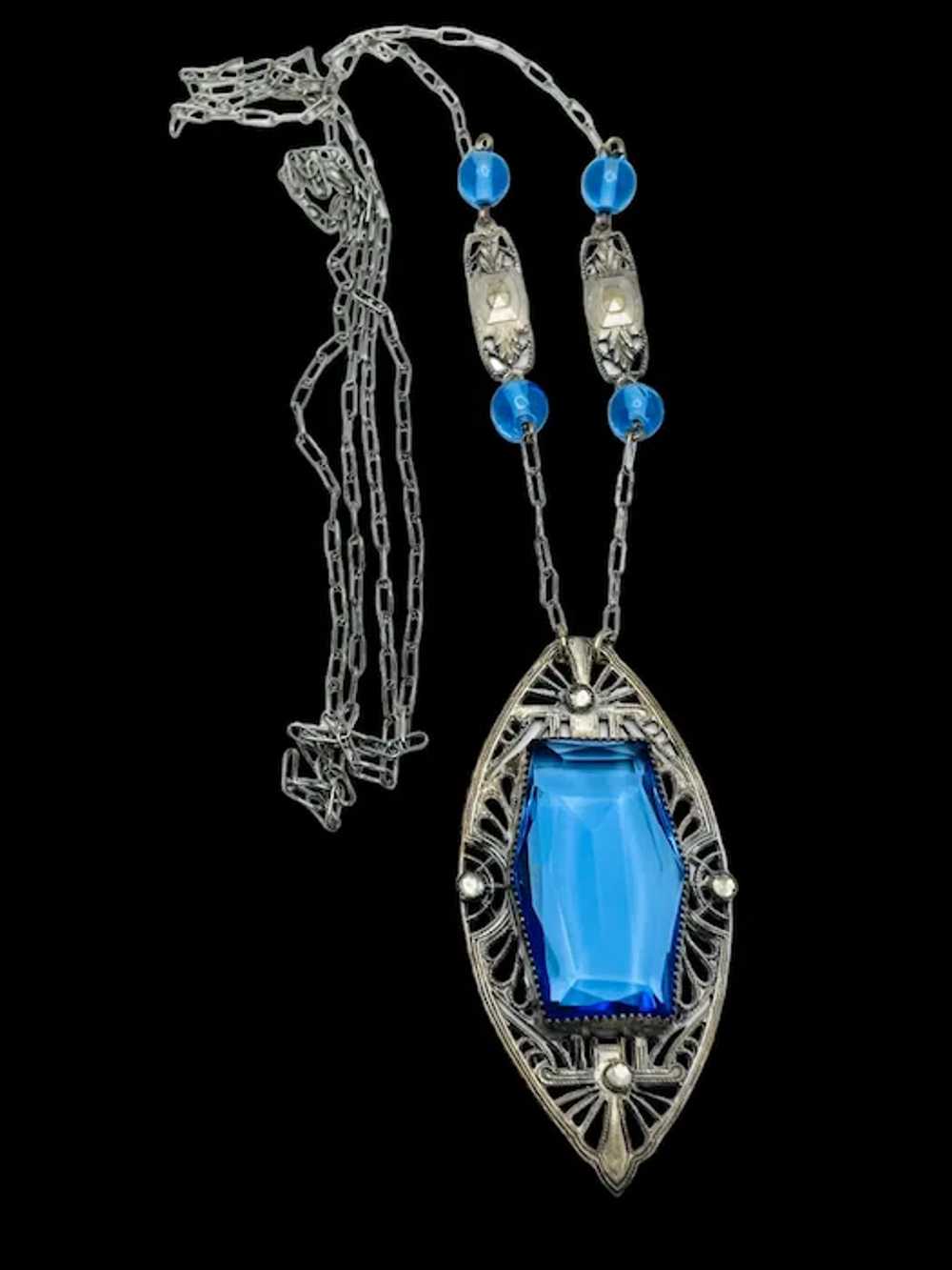 Art Deco Blue Glass Filigree Necklace 30" - image 10