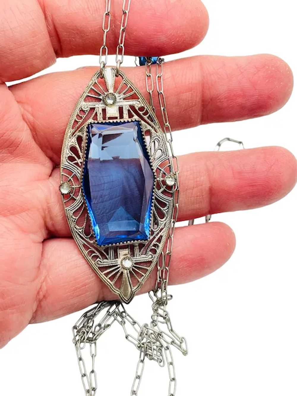 Art Deco Blue Glass Filigree Necklace 30" - image 11