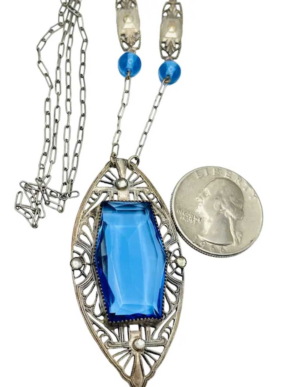 Art Deco Blue Glass Filigree Necklace 30" - image 12