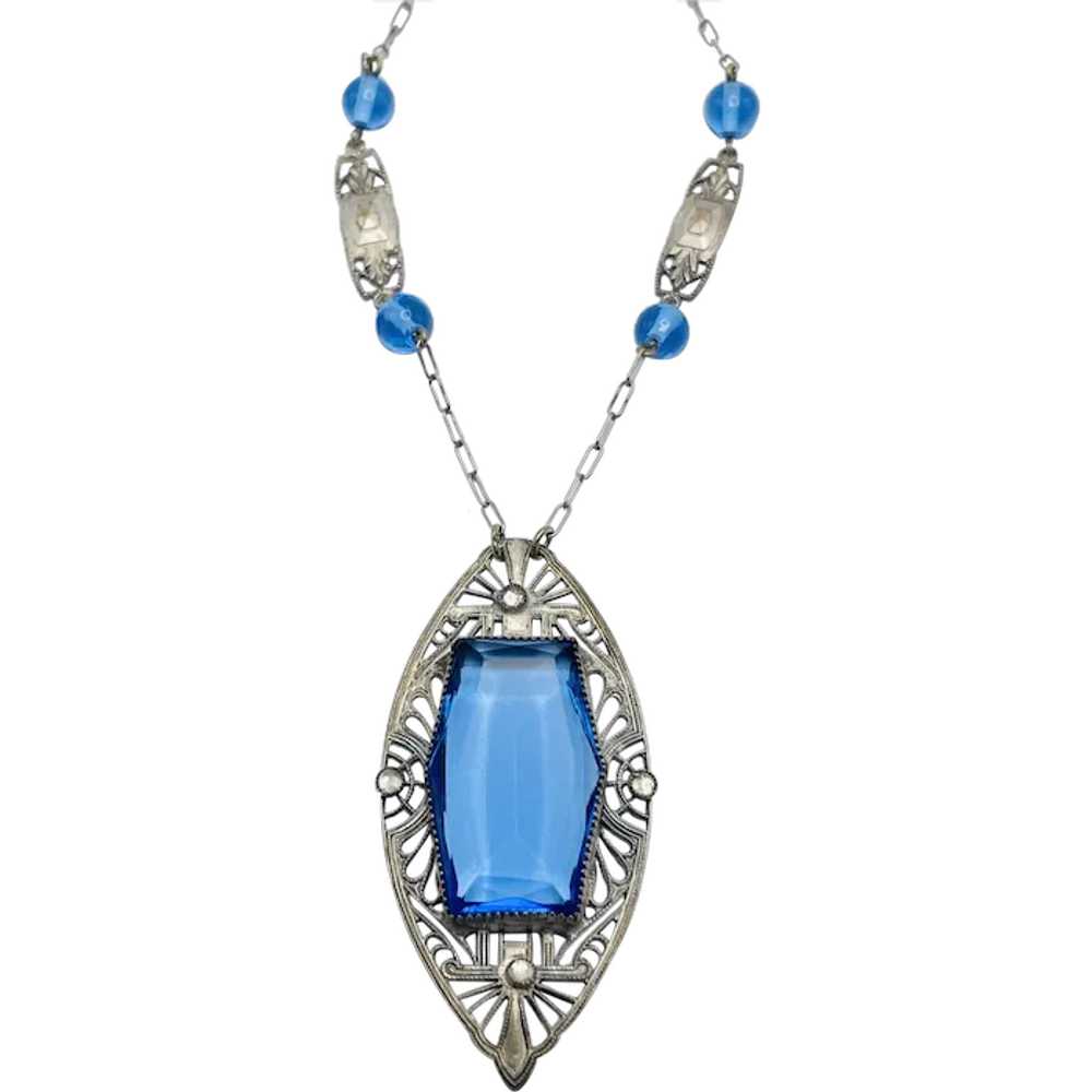 Art Deco Blue Glass Filigree Necklace 30" - image 1