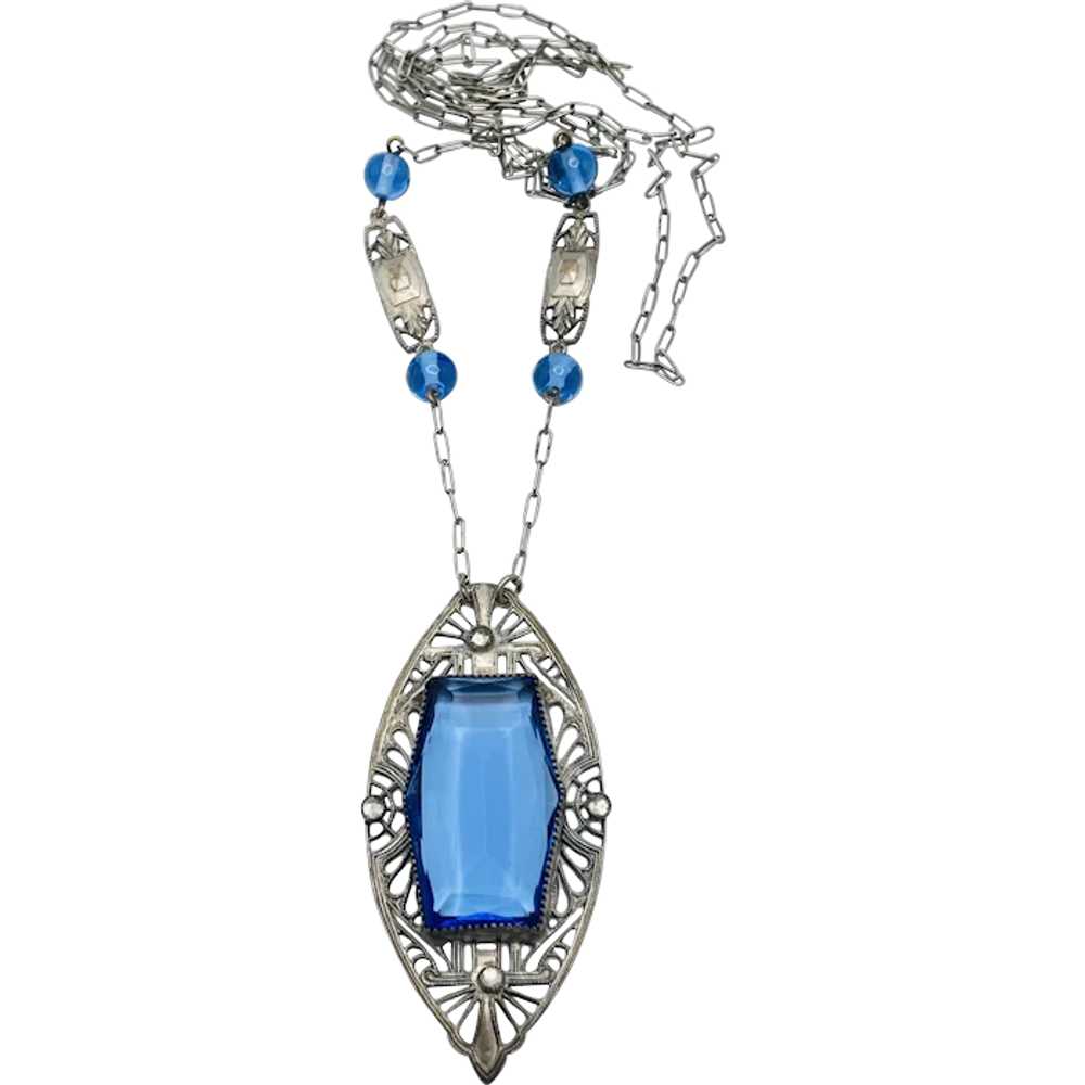 Art Deco Blue Glass Filigree Necklace 30" - image 2