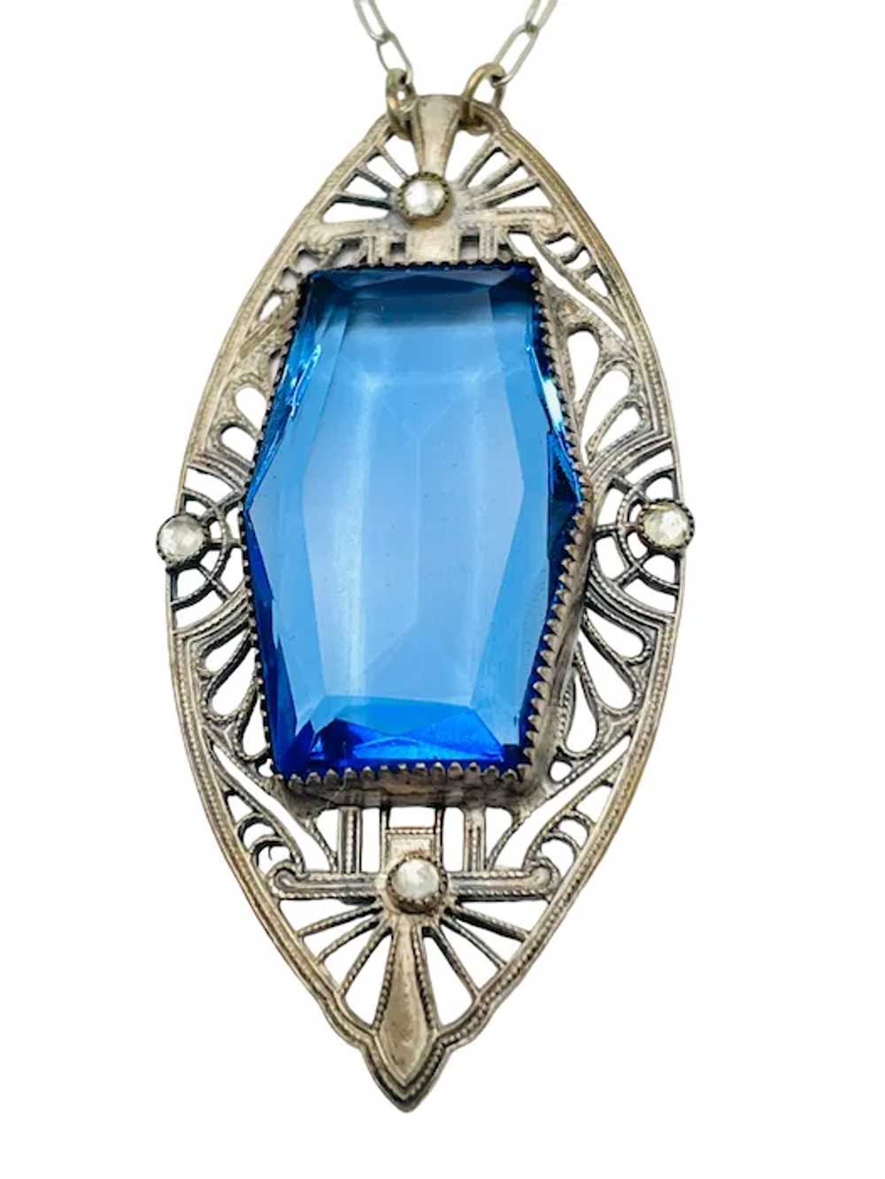 Art Deco Blue Glass Filigree Necklace 30" - image 3