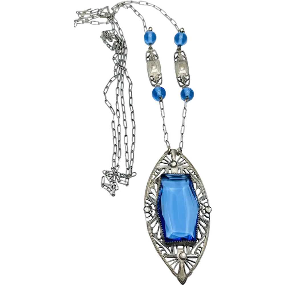 Art Deco Blue Glass Filigree Necklace 30" - image 4