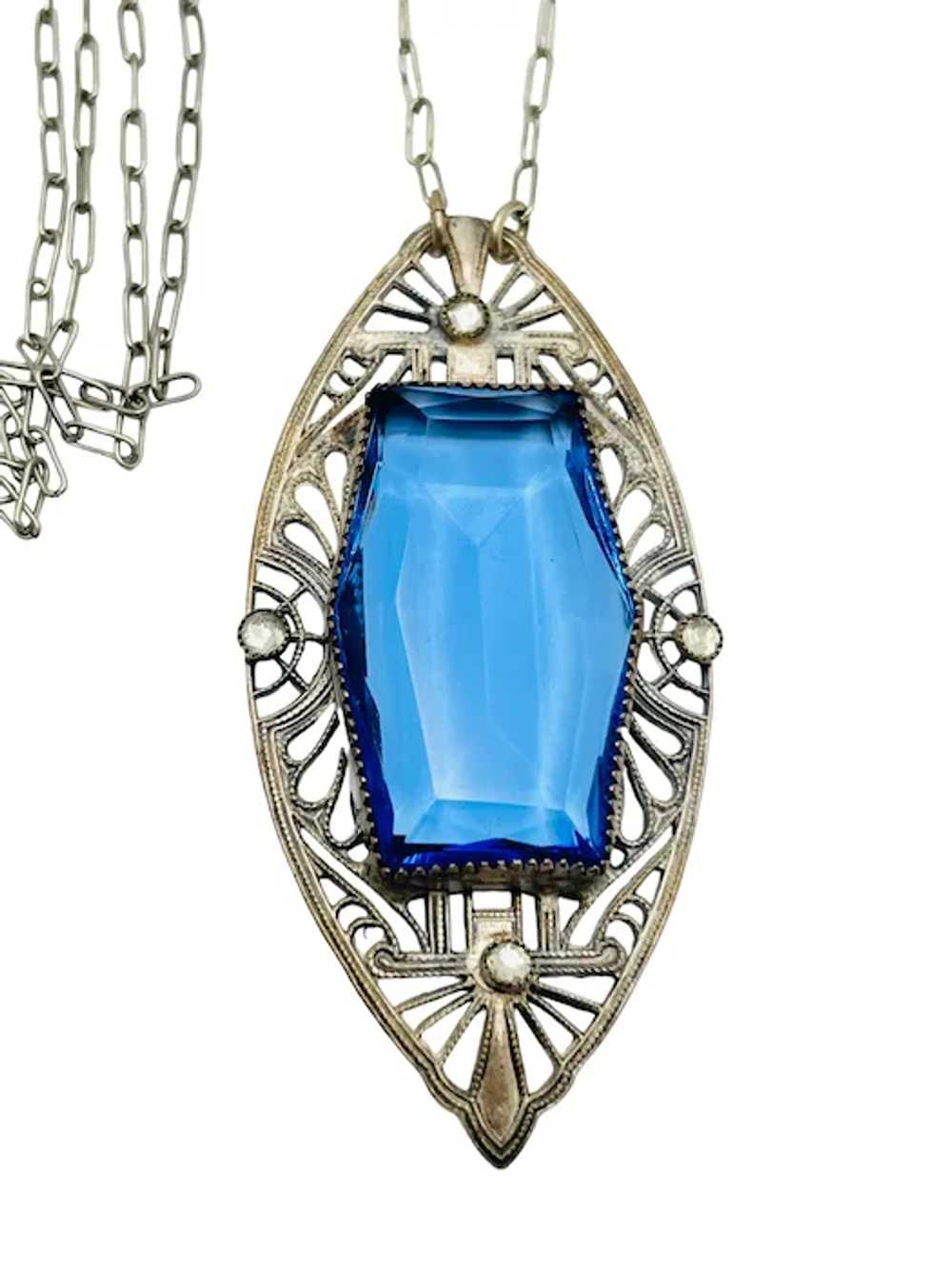 Art Deco Blue Glass Filigree Necklace 30" - image 5
