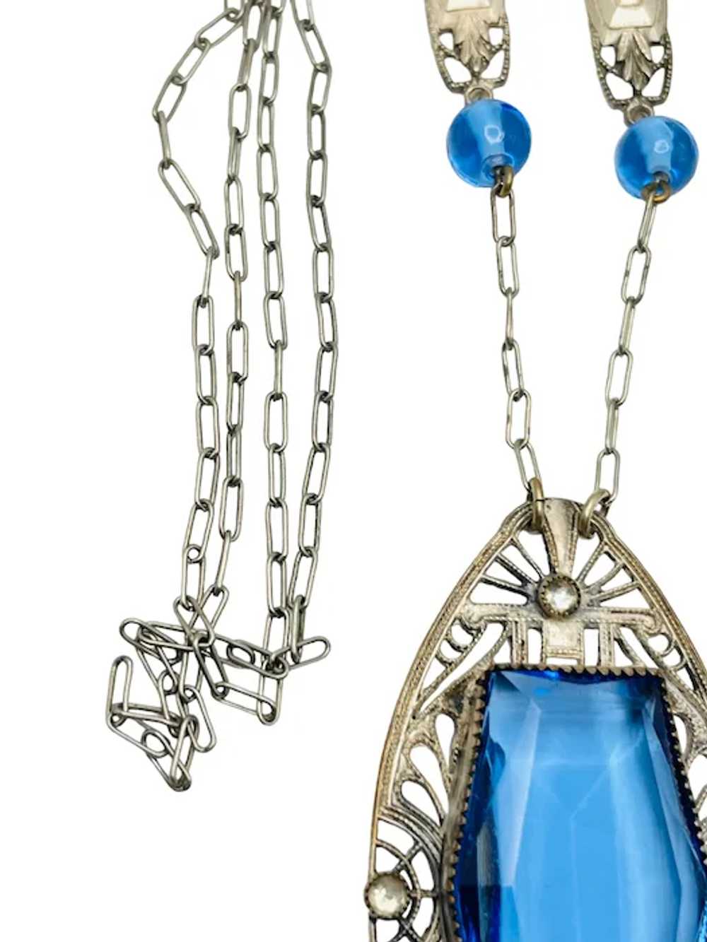 Art Deco Blue Glass Filigree Necklace 30" - image 6