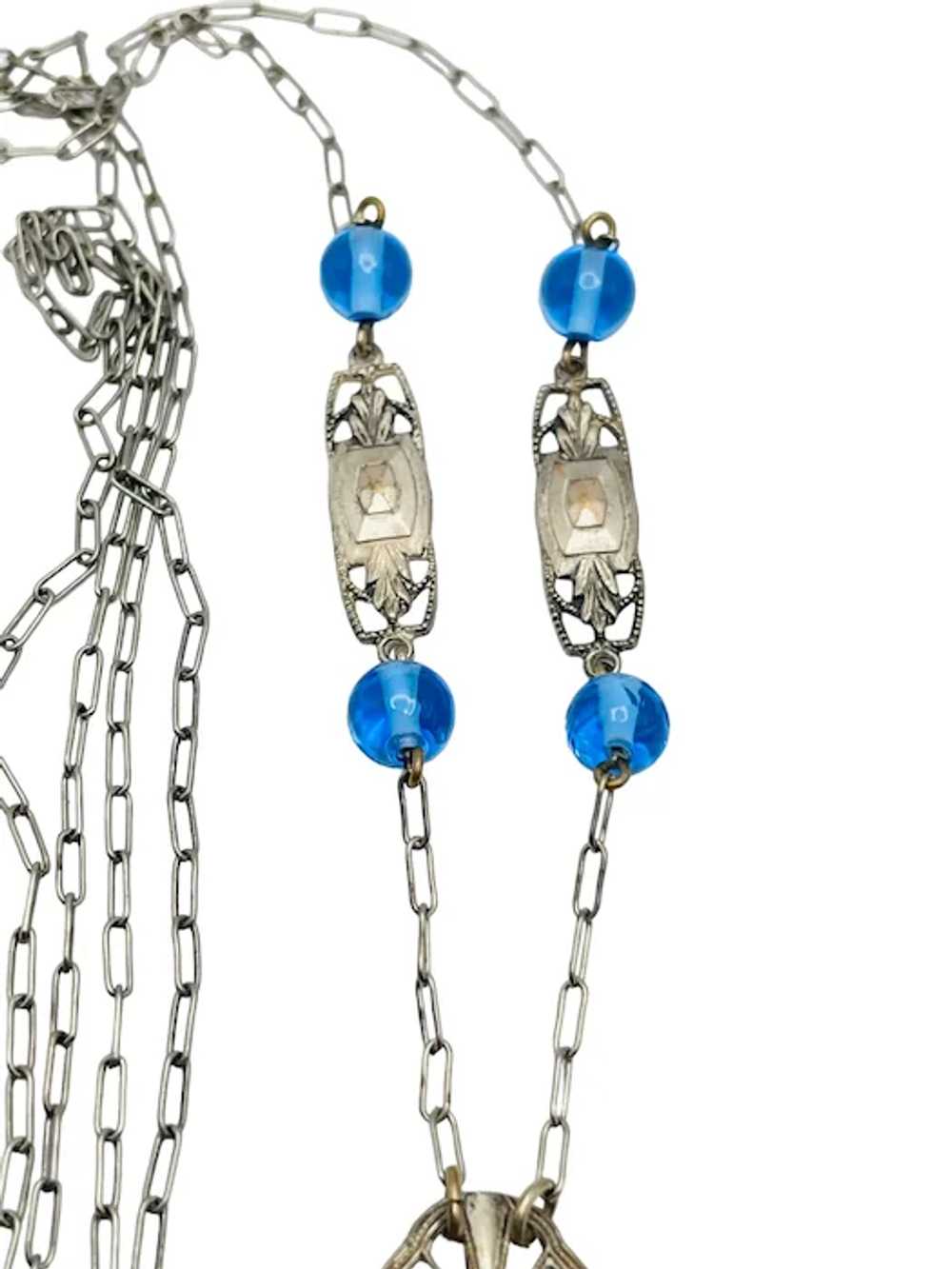 Art Deco Blue Glass Filigree Necklace 30" - image 7