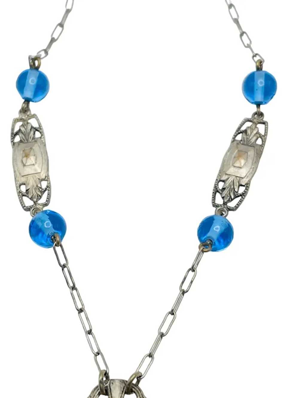 Art Deco Blue Glass Filigree Necklace 30" - image 8