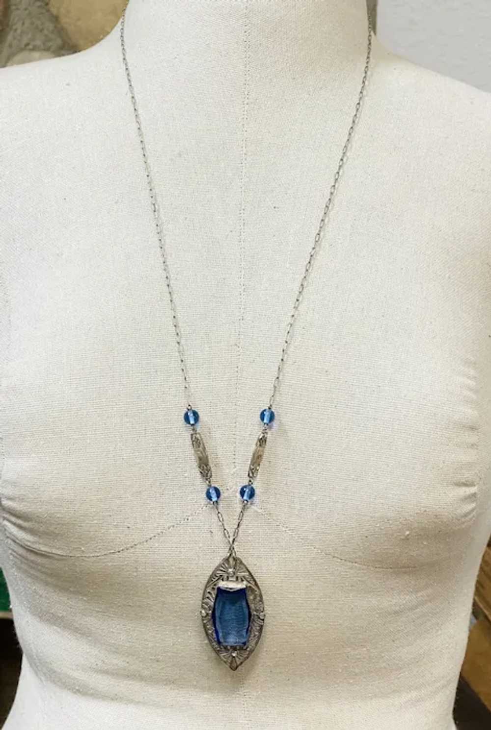 Art Deco Blue Glass Filigree Necklace 30" - image 9