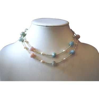 Morganite and Pearl Long Necklace - Silver