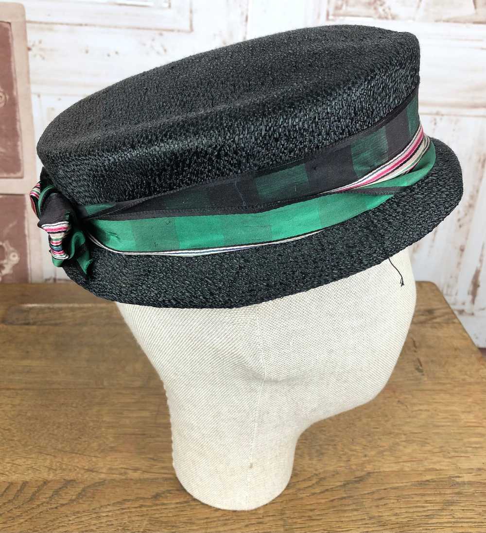 Cute Original 1950s Vintage Black Hat With Pink A… - image 2