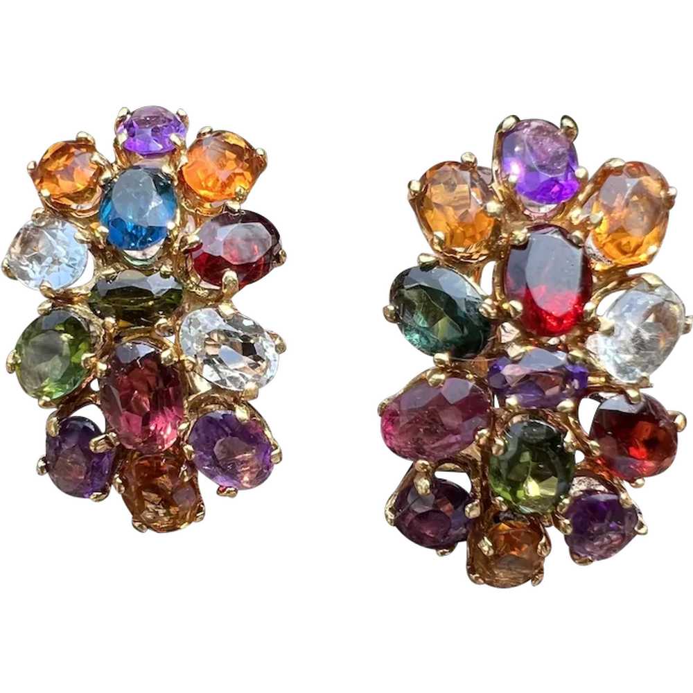 18K Yellow Gold Multi-Gem Cluster Earrings - image 1