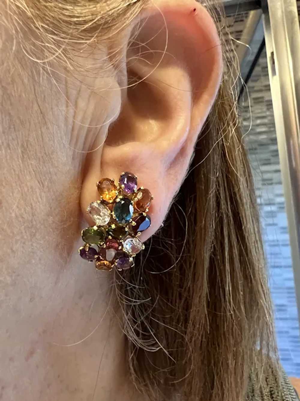 18K Yellow Gold Multi-Gem Cluster Earrings - image 3