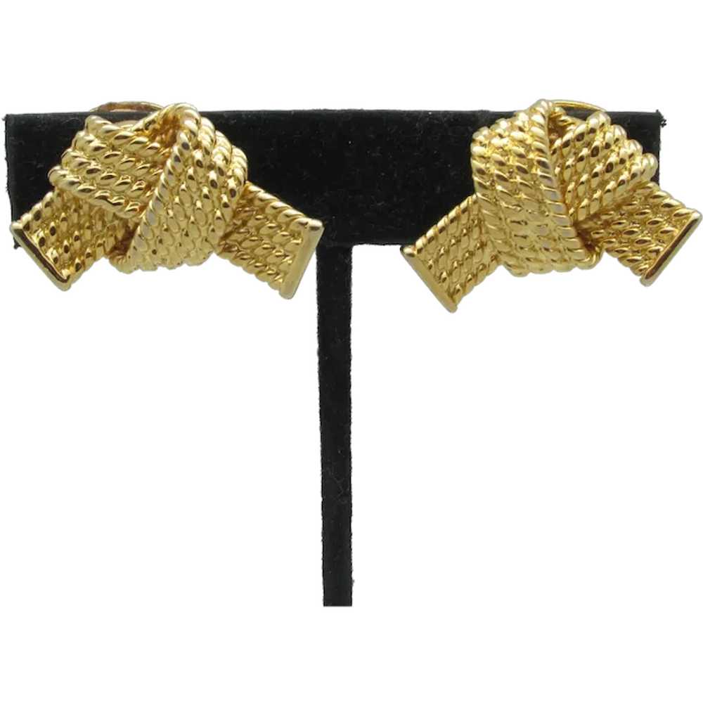 KJL Ribbed Goldtone Metal Knotted Ribbon Earrings - image 1