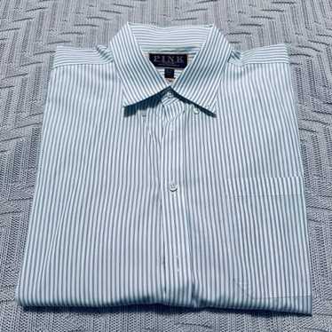Thomas Pink Shirt Mens Size 15.5 Blue White Striped Dress Button Up Long  Sleeve*