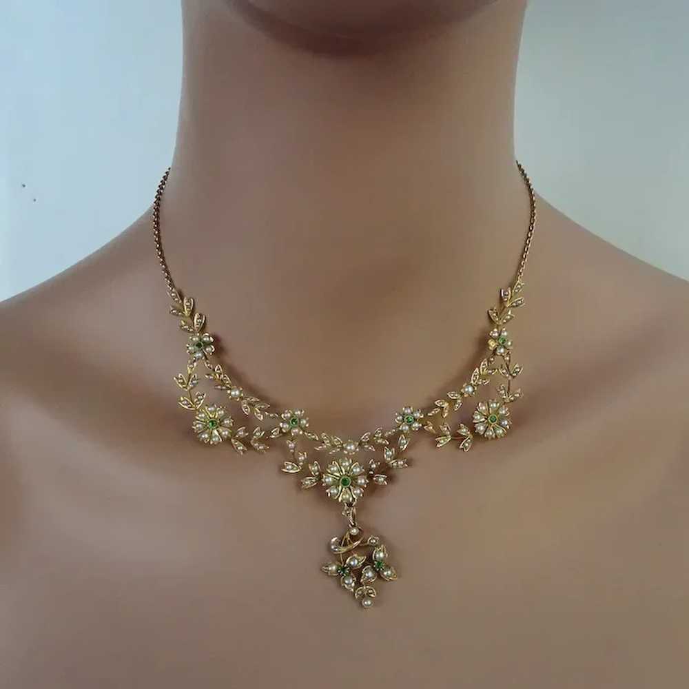 Antique necklace pendant 15ct gold pearls demanto… - image 5