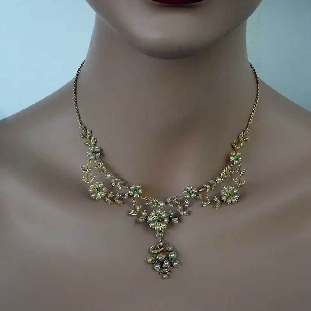 Antique necklace pendant 15ct gold pearls demanto… - image 7