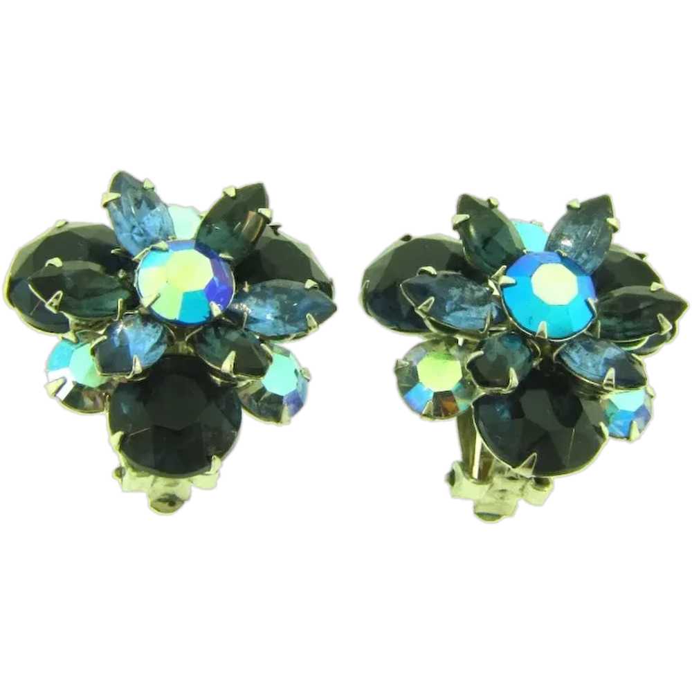 Vintage clip on Earrings with shades of blue rhin… - image 1