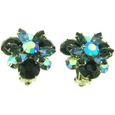 Vintage clip on Earrings with shades of blue rhin… - image 1