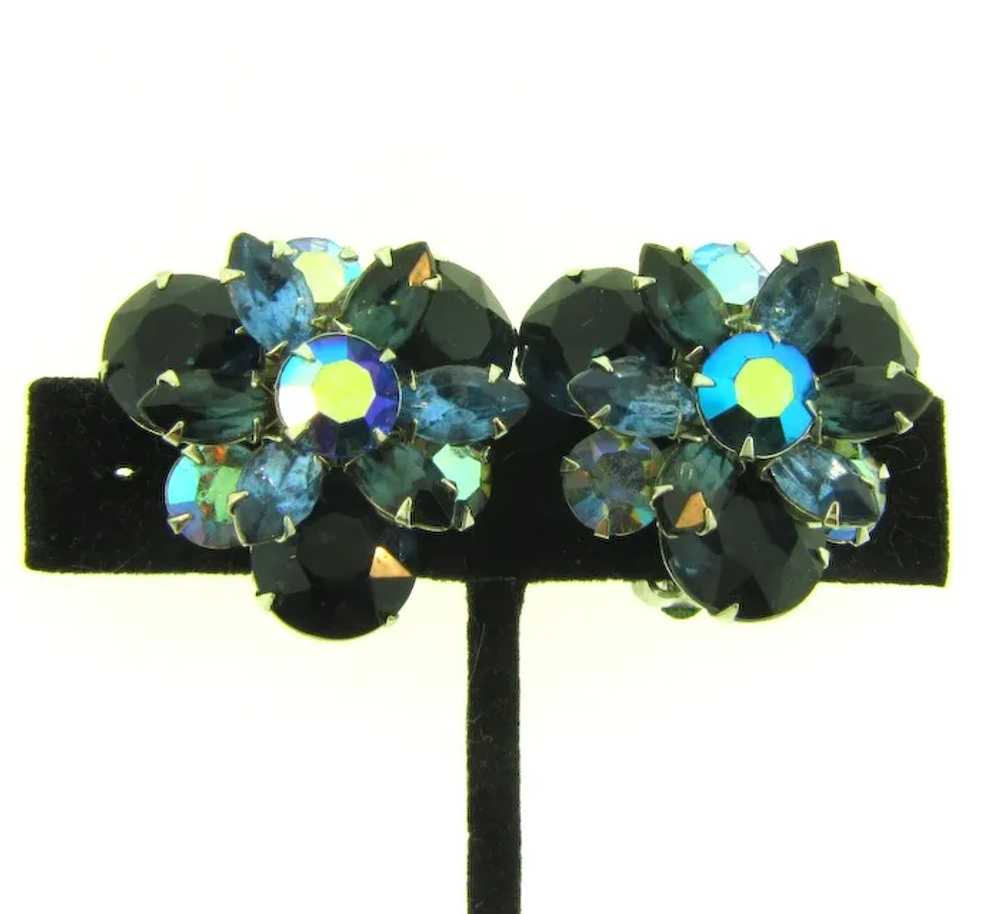 Vintage clip on Earrings with shades of blue rhin… - image 2