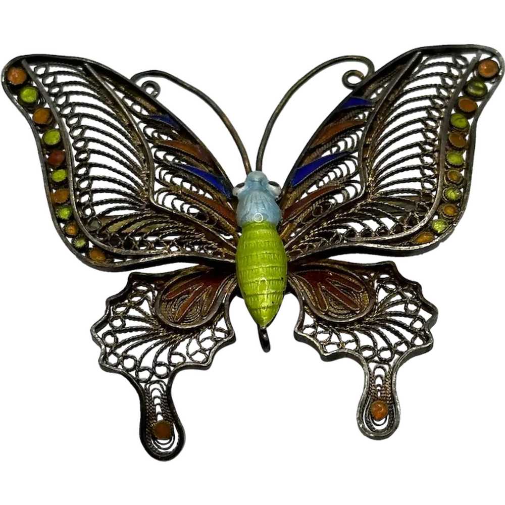 Antique Silver and Enamel Butterfly Brooch - image 1