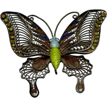 Antique Silver and Enamel Butterfly Brooch - image 1