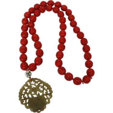 Cinnabar Bead Necklace Carved Green Nephrite Pend… - image 1