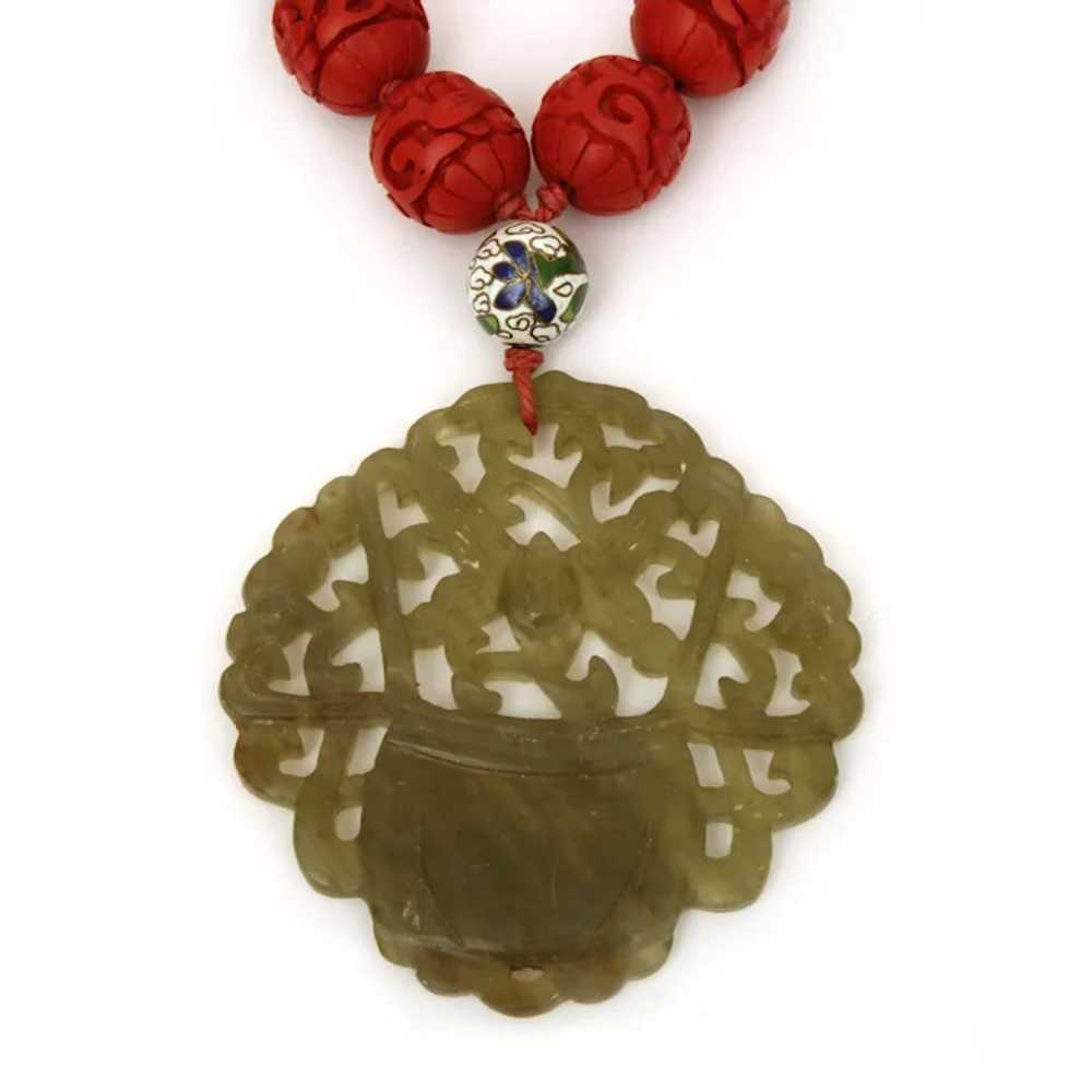 Cinnabar Bead Necklace Carved Green Nephrite Pend… - image 2