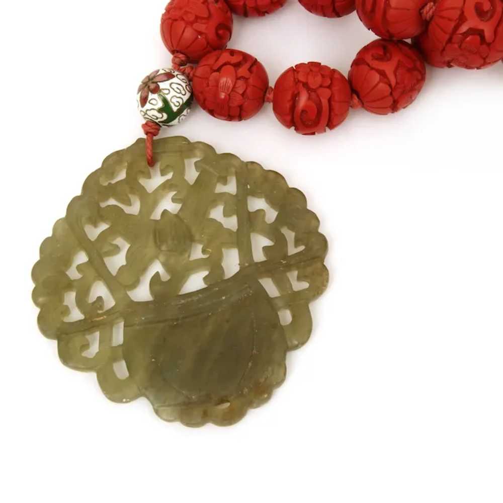 Cinnabar Bead Necklace Carved Green Nephrite Pend… - image 4