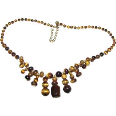 18" Tigers Eye Cleopatra Style Bib Necklace + Mat… - image 1