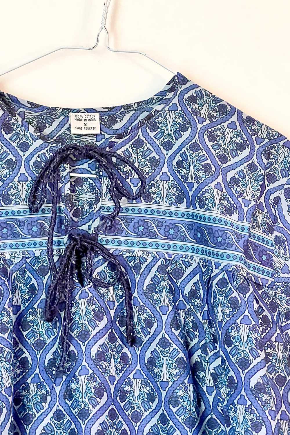 1970s Indian Cotton Blue Paisley Blouse / Small - image 8