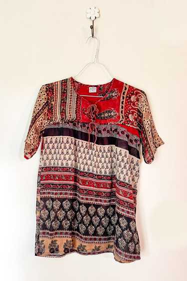 1970s Indian Cotton Patchwork Blouse / Small - Me… - image 1