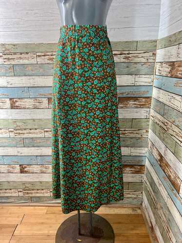 70’s Green Small Flower Print Maxi Skirt
