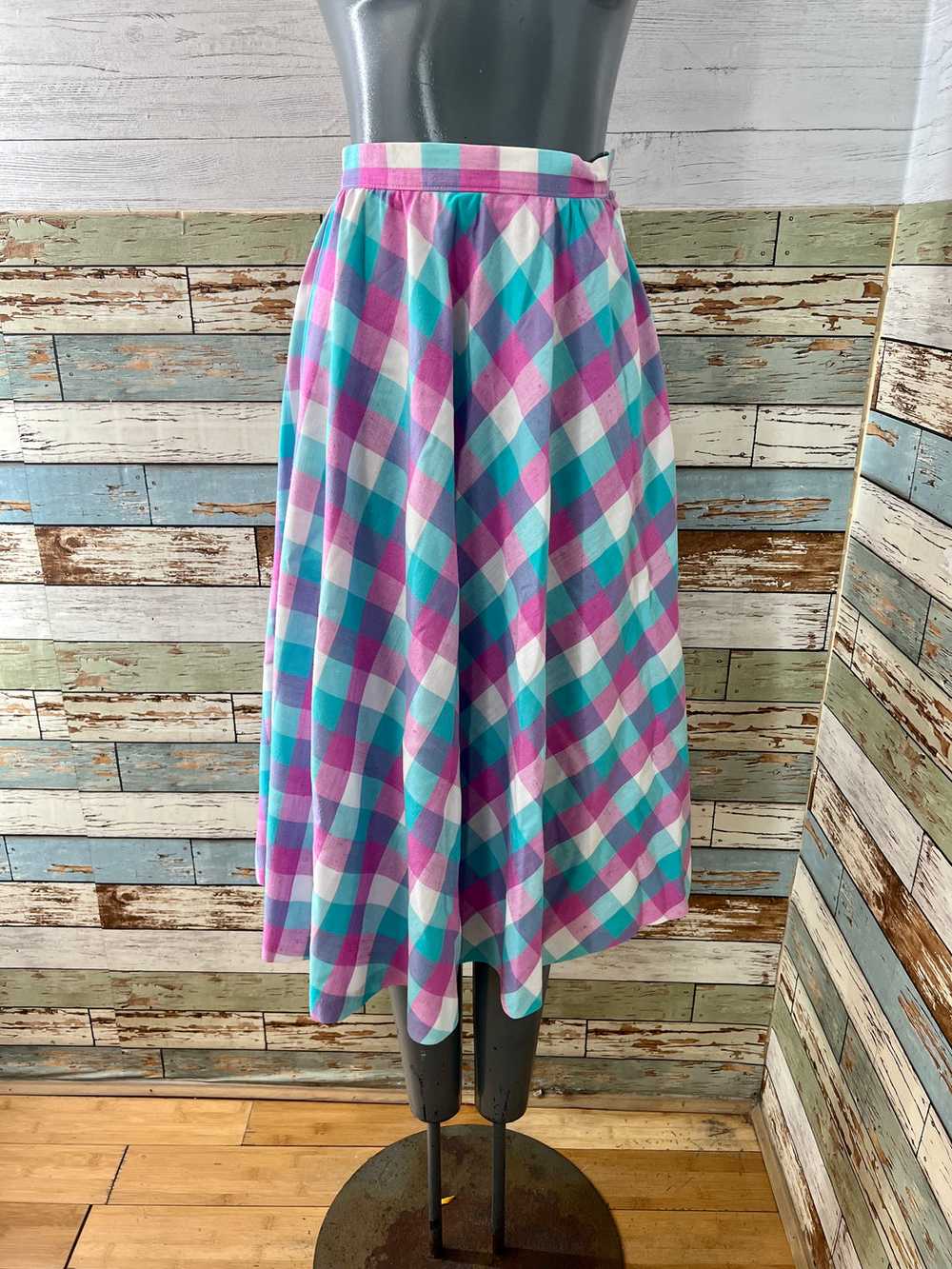 70’s Pink and Aqua Blue Tartan Print Full Skirt - image 1