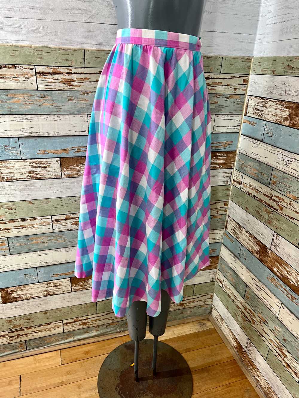 70’s Pink and Aqua Blue Tartan Print Full Skirt - image 2