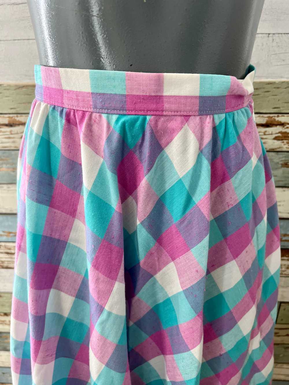 70’s Pink and Aqua Blue Tartan Print Full Skirt - image 3