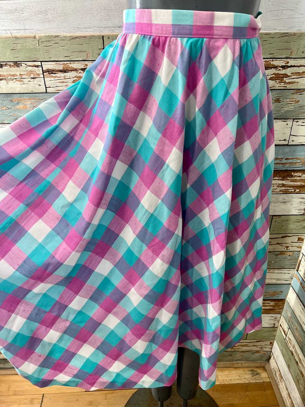 70’s Pink and Aqua Blue Tartan Print Full Skirt - image 4