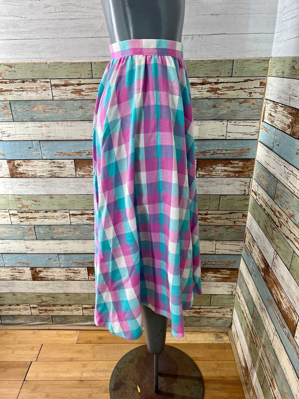 70’s Pink and Aqua Blue Tartan Print Full Skirt - image 5