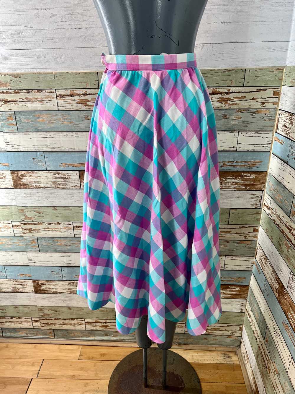 70’s Pink and Aqua Blue Tartan Print Full Skirt - image 6