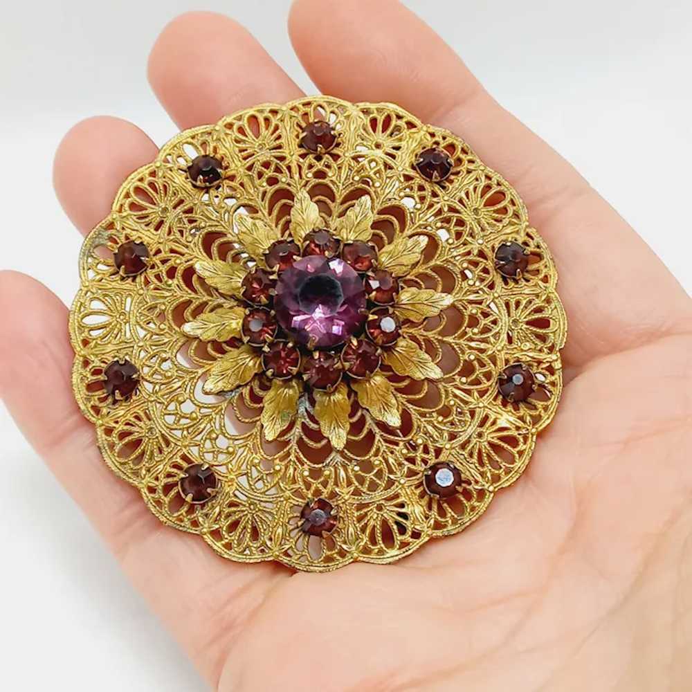 Oversized Vintage Gold tone filigree brooch with … - image 2