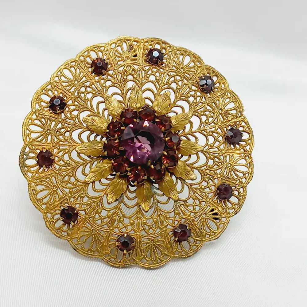 Oversized Vintage Gold tone filigree brooch with … - image 3