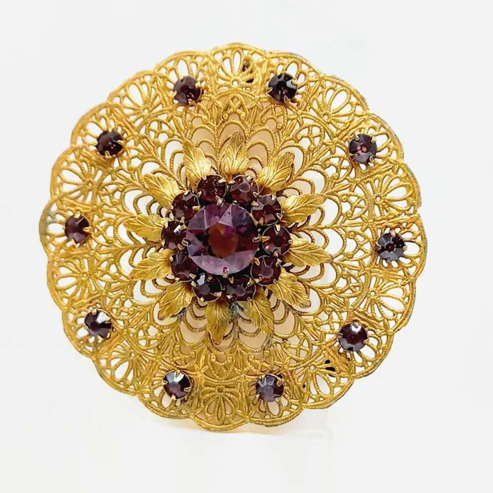 Oversized Vintage Gold tone filigree brooch with … - image 4