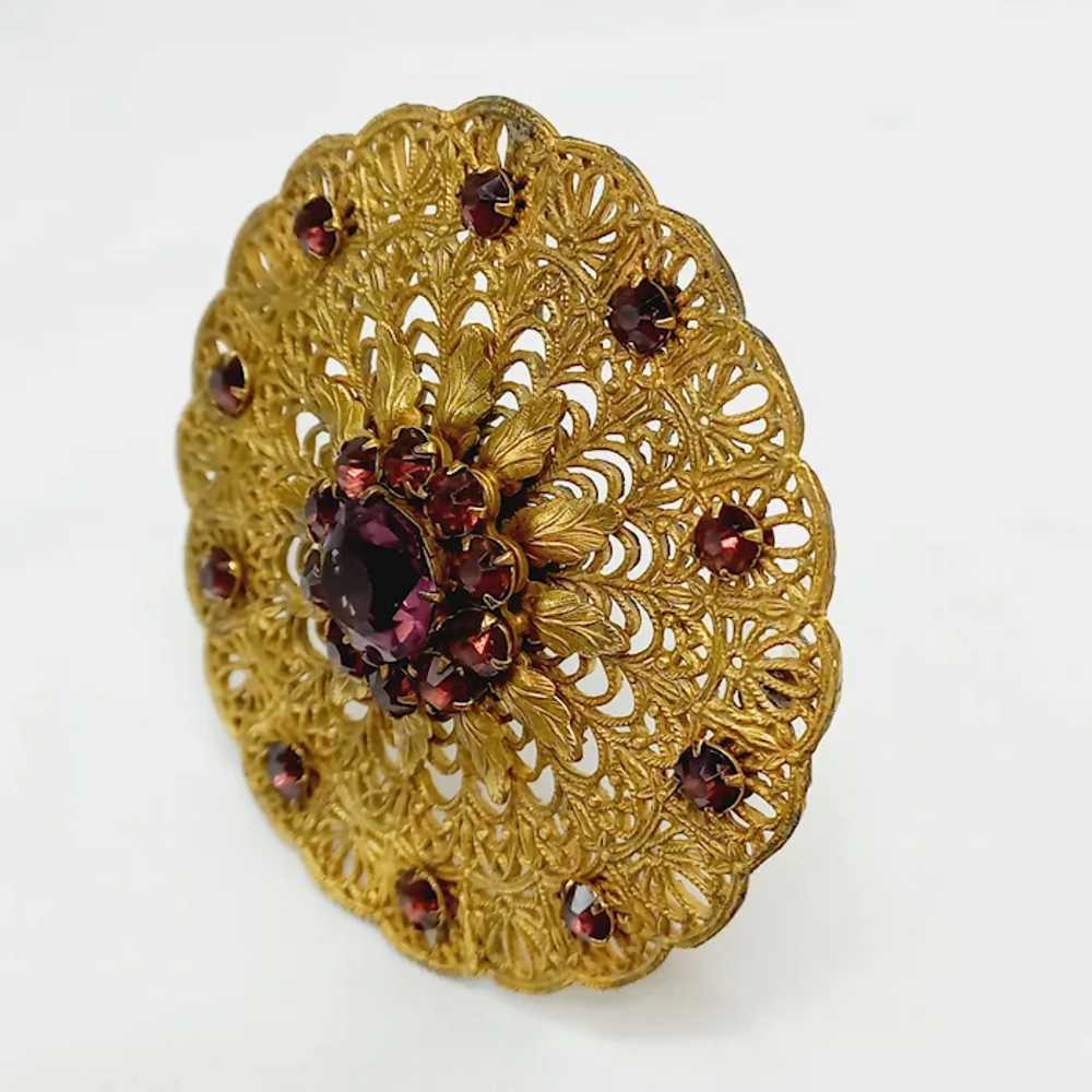 Oversized Vintage Gold tone filigree brooch with … - image 8