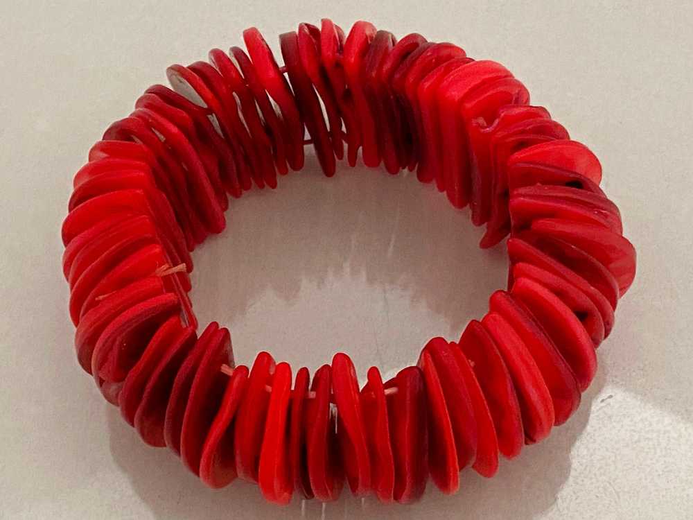 Vintage Semi-Circular RED CORAL Disc Stretch Brac… - image 2