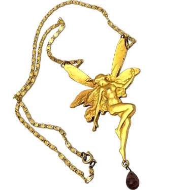 Brushed Gold Tone Large Fairy Pendant Necklace