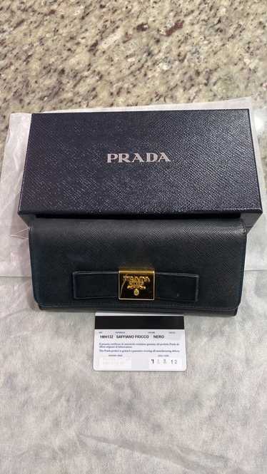Prada Black Saffiano Leather Snap ID Holder Long Wallet 1MH132