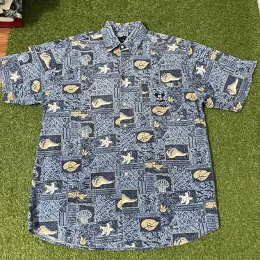 Walt Disney World Hawaiian Shirt Mickey Mouse Goofy Pluto Fishing Camp Size  M