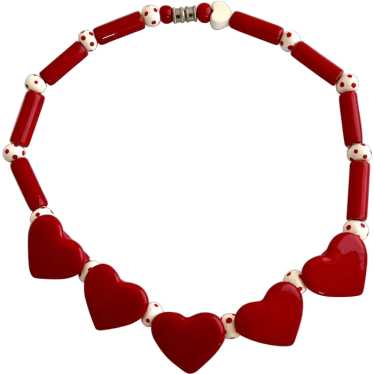 Vintage Flying Colors Ceramic Red Hearts Necklace