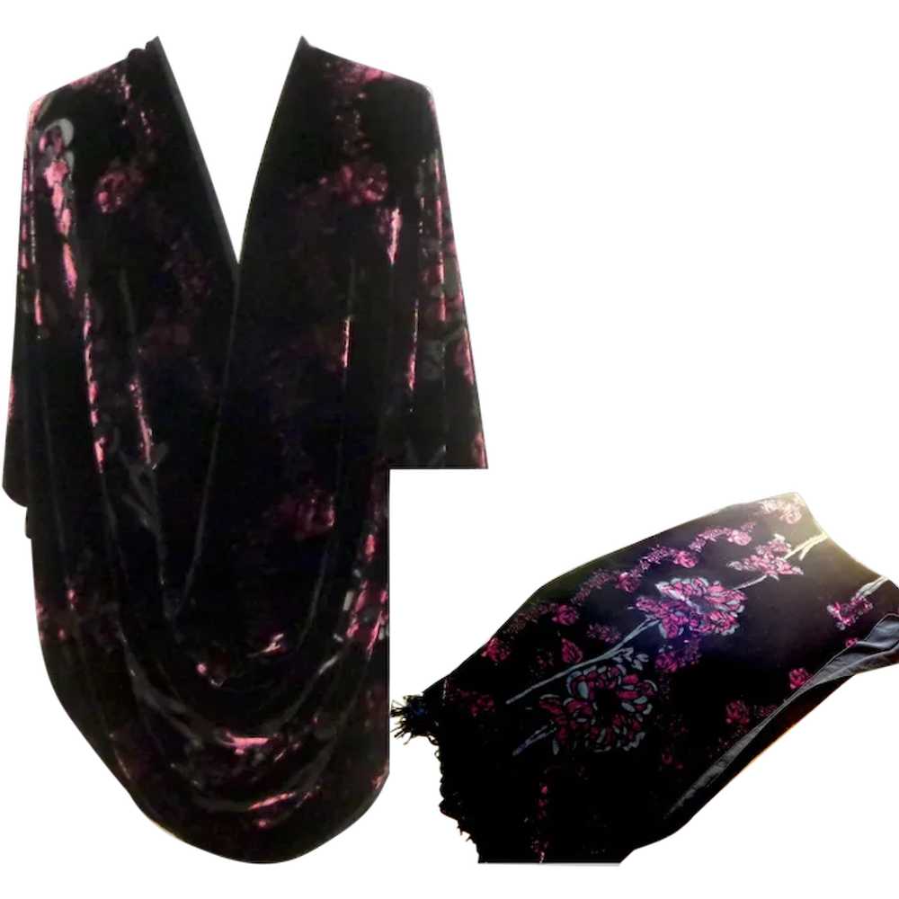 Burn Out Velvet Shawl / Scarf.  Large.  Black & R… - image 1